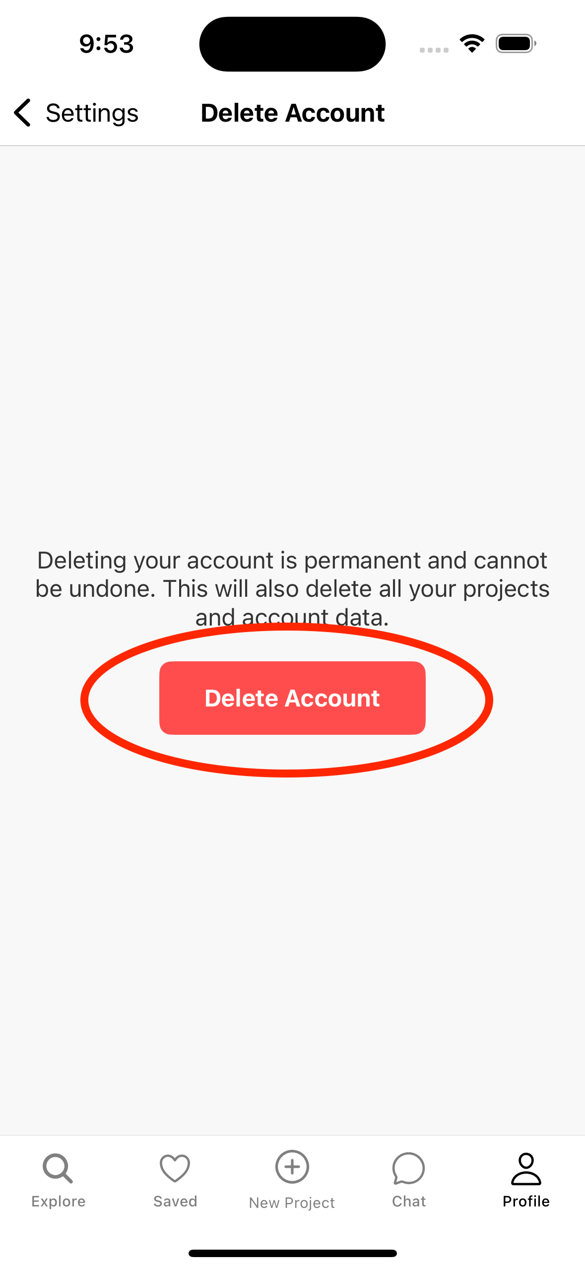 Confirm delete account screen