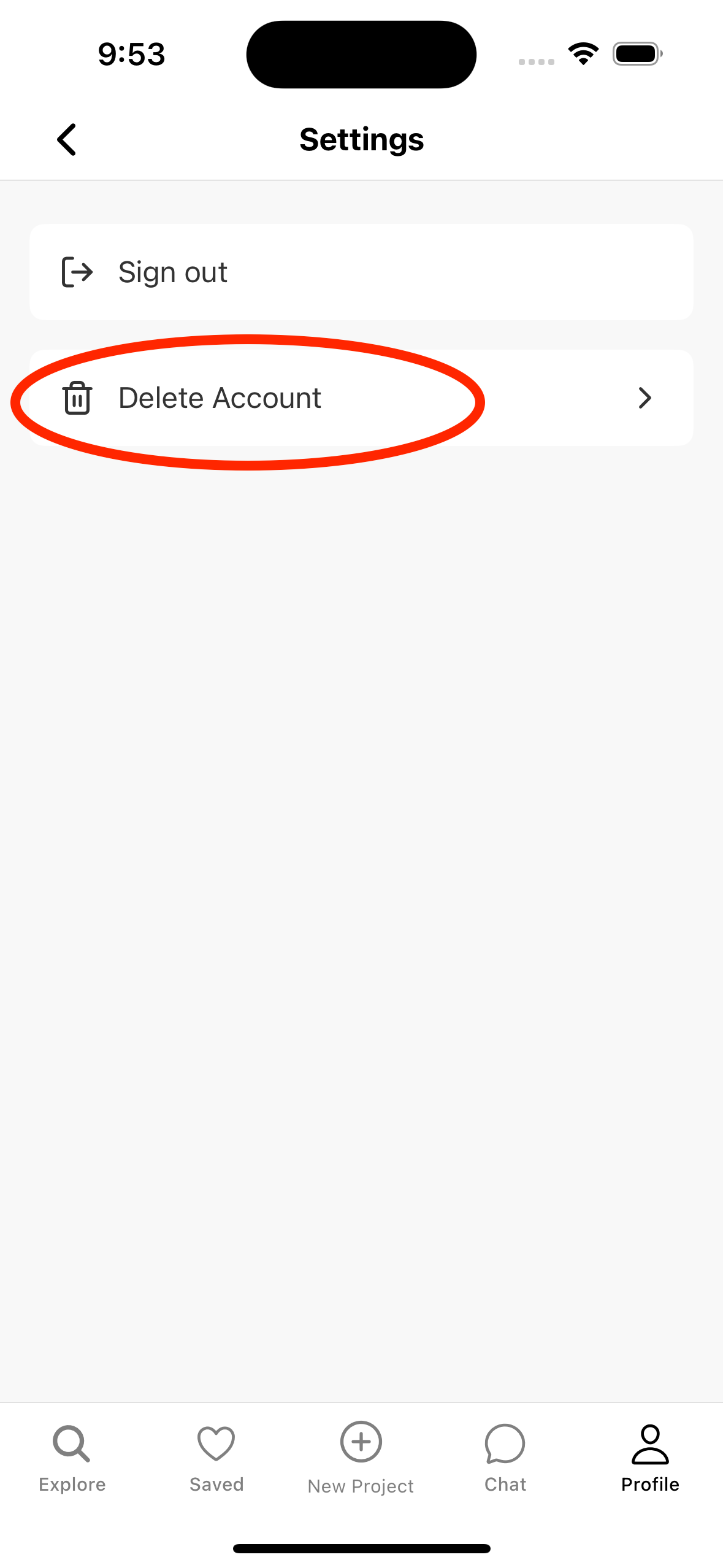 Delete Account button